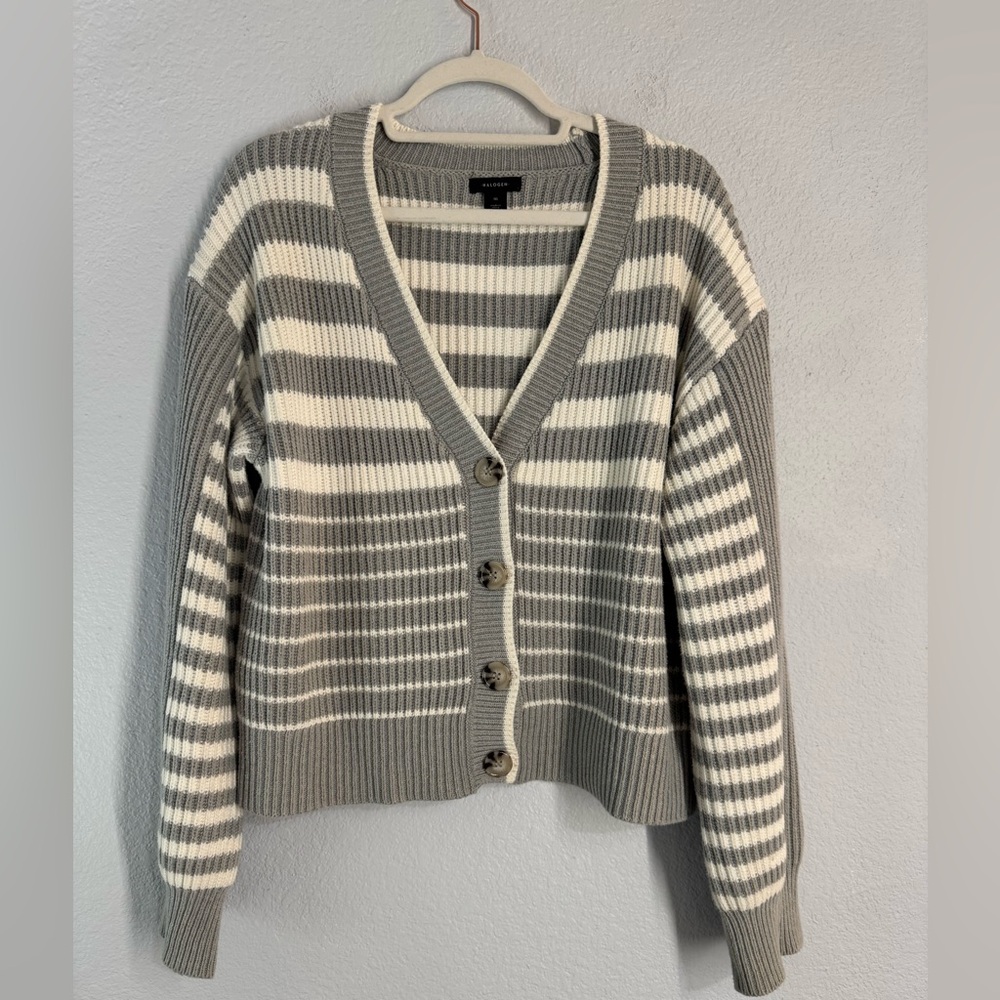 Halogen Gray and Ivory White Striped Cardigan